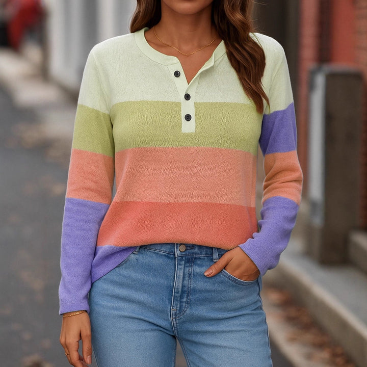 Damen Gestreifter Feinstrickpullover mit Henley-Knopfleiste Drune