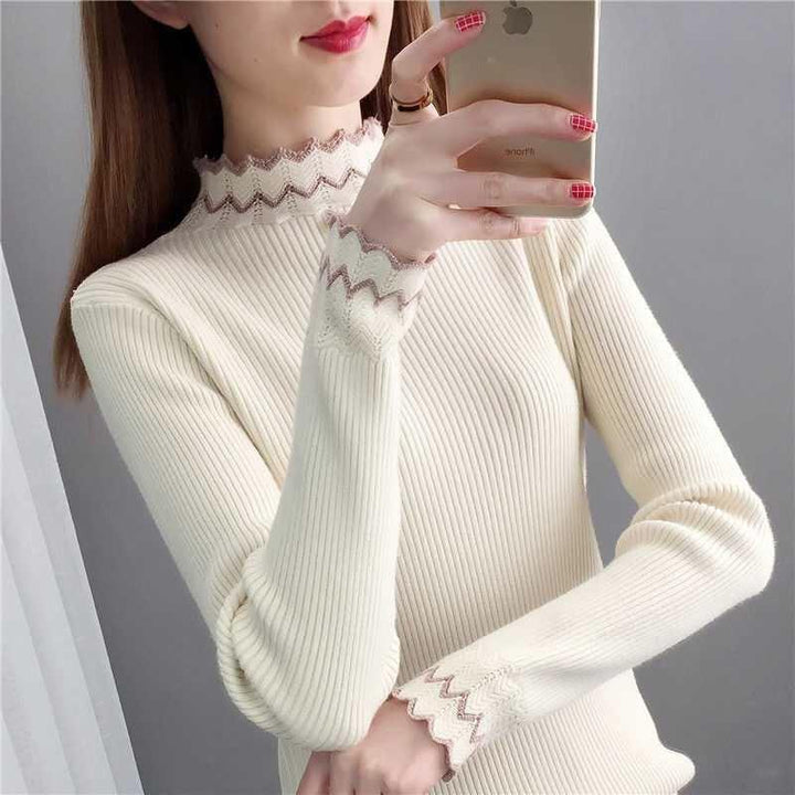 Damen Strickpullover mit steigendem Kragen und Wellenmuster Drune