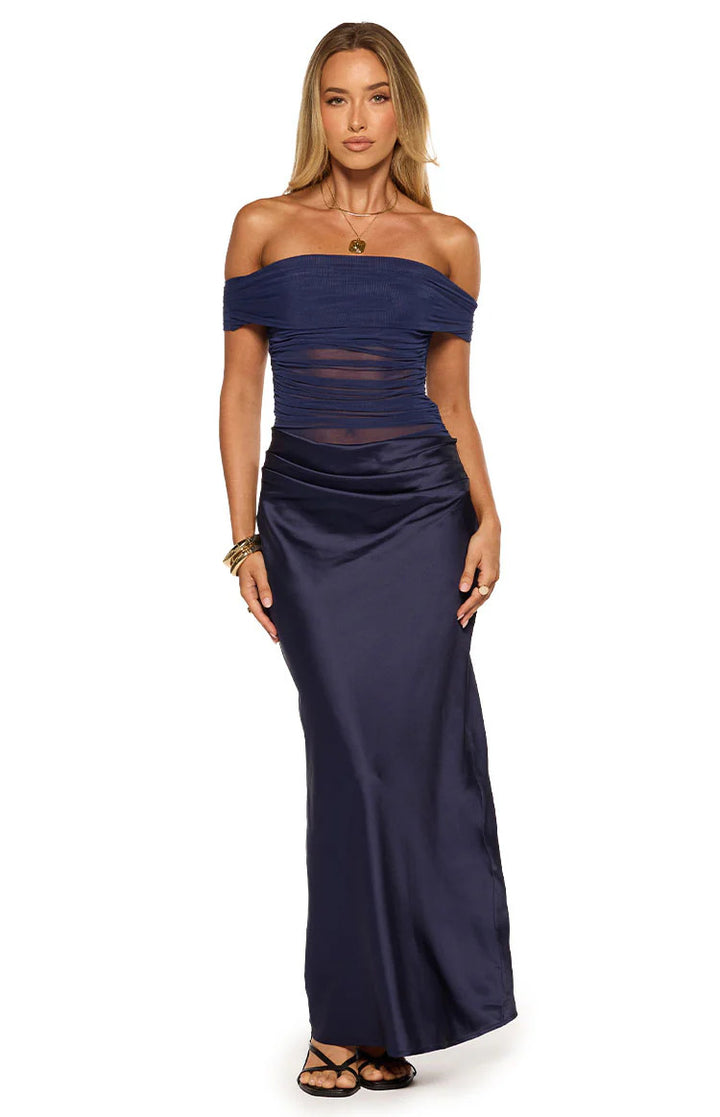 Damen elegantes schulterfreies Abendkleid mit figurformender Raffung und Satin-Finish Drune