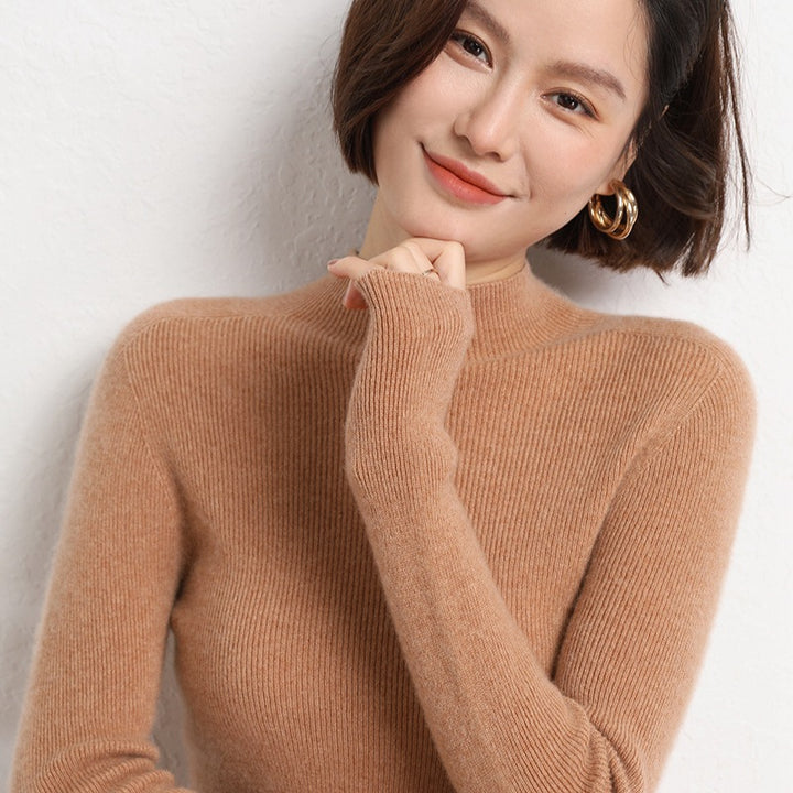 Damen Schlanker Feinstrick-Stehkragenpullover mit extrafeiner Rippenstruktur und Kaschmir‑Look Drune