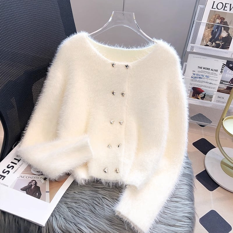 Damen Fluffy Cardigan mit Herzknöpfen Drune
