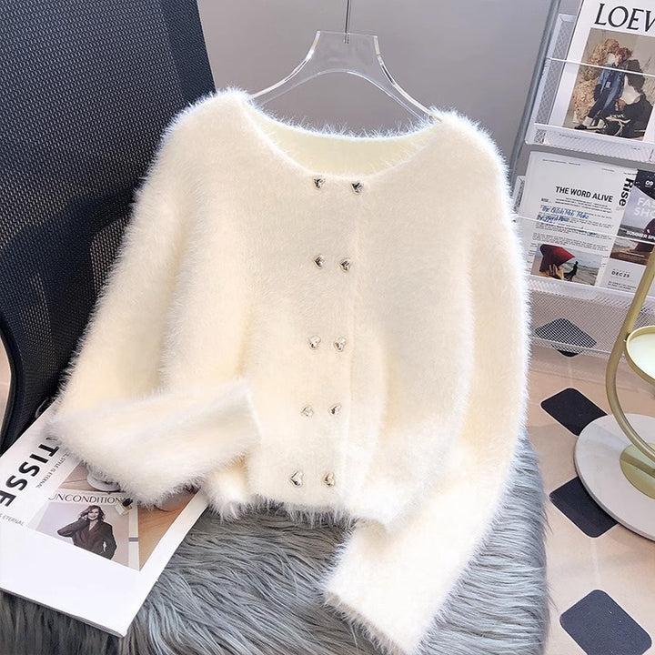 Damen Fluffy Cardigan mit Herzknöpfen Drune