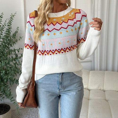 Damen Fair‑Isle Strickpullover mit Rundhals, Langarm & Relaxed‑Fit Drune