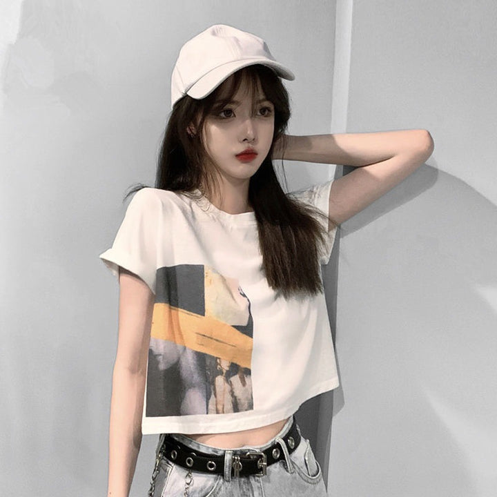 Damen Crop-T-Shirt mit kreativem Grafikdruck Drune