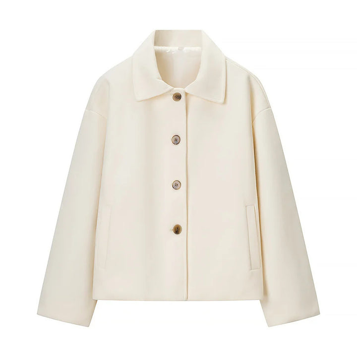 Damen nan boxy Kurzjacke mit oversized Hemdkragen, verdeckter Knopfleiste und nahtlosen Eingrifftaschen Drune