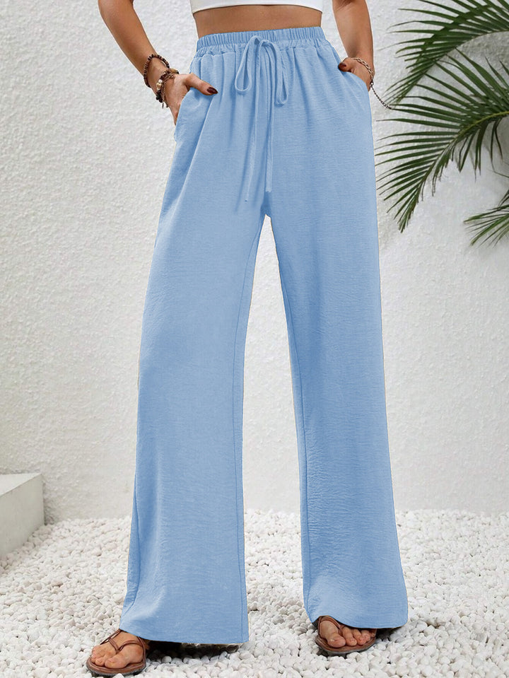 Damen Weite Palazzohose mit hohem Elastikbund, Kordelzug und Eingrifftaschen Drune