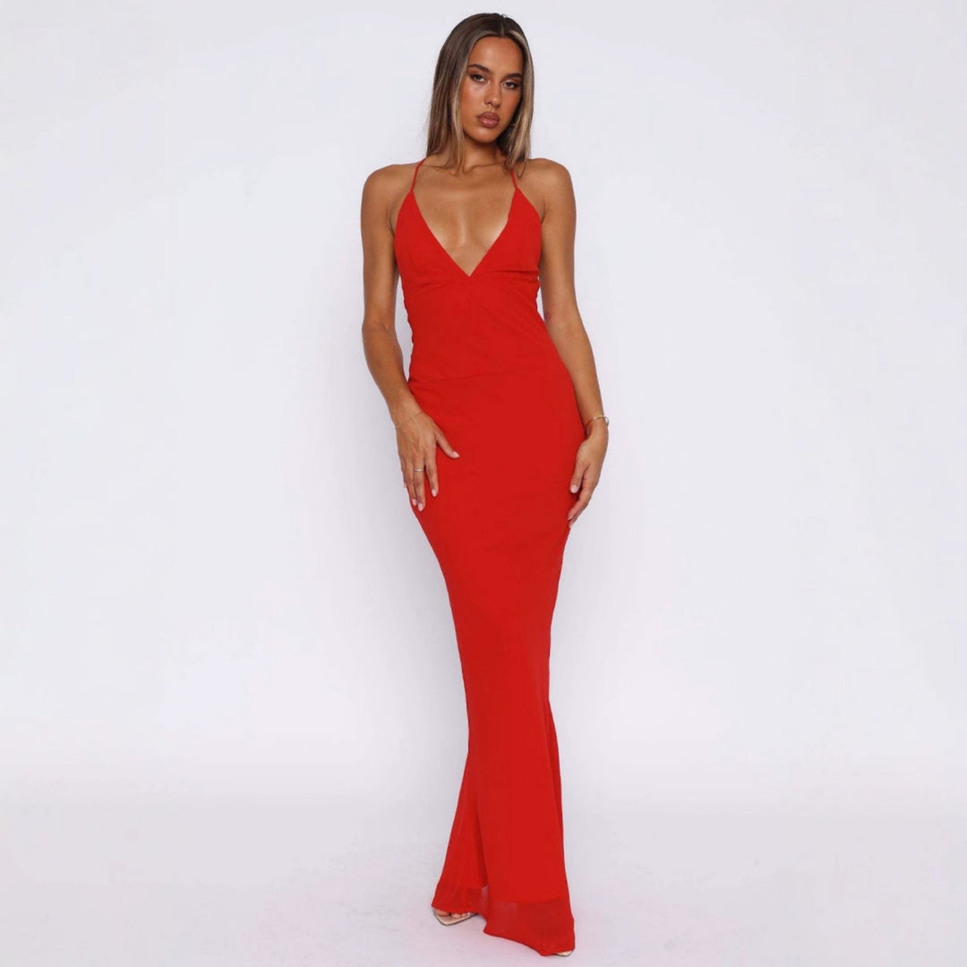 Damen Elegantes Maxikleid mit tiefem V-Ausschnitt und Spaghettiträgern Drune