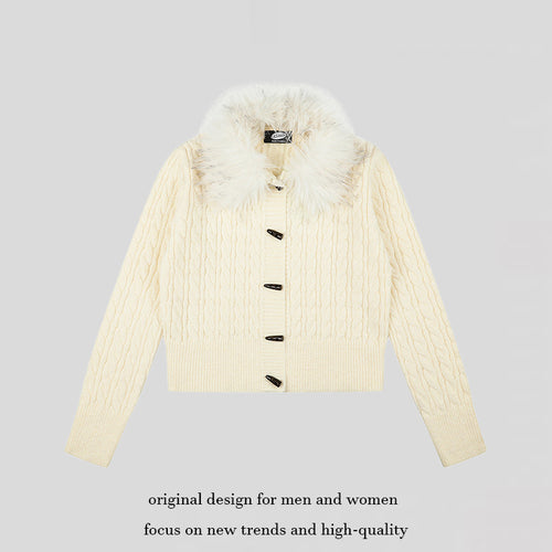 Damen Kurze Zopfmuster-Strickjacke mit abnehmbarem Kunstpelzkragen und Knebelknopfverschluss Drune
