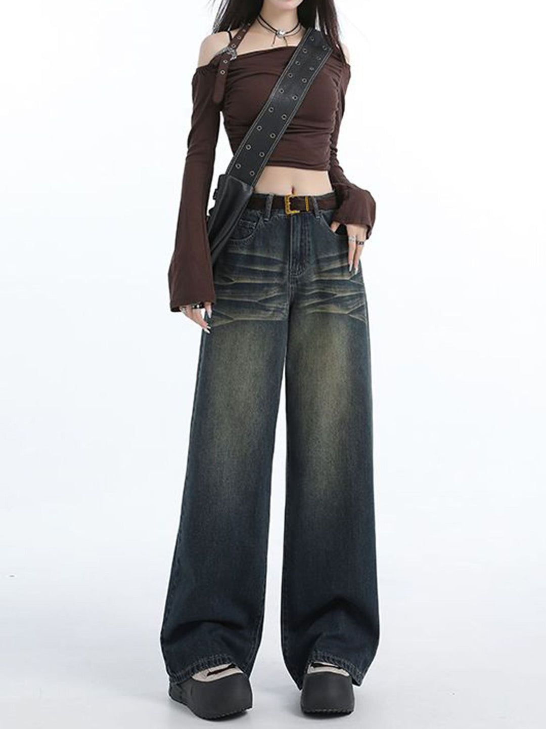 Damen weiter geschnittene Jeans mit hohem Bund und modischem Waschung Drune