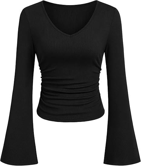 Damen Geripptes Cropped-Top mit V-Ausschnitt, taillierter Raffung und ausgestellten Trompetenärmeln Drune