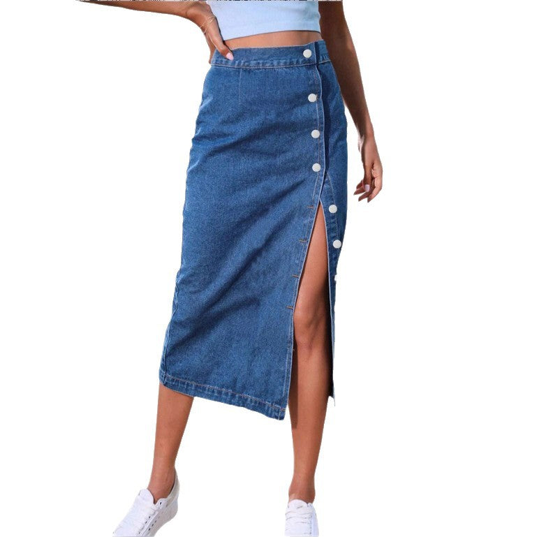 Damen Jeans-Midirock mit seitlicher Knopfleiste und hohem Beinschlitz Drune