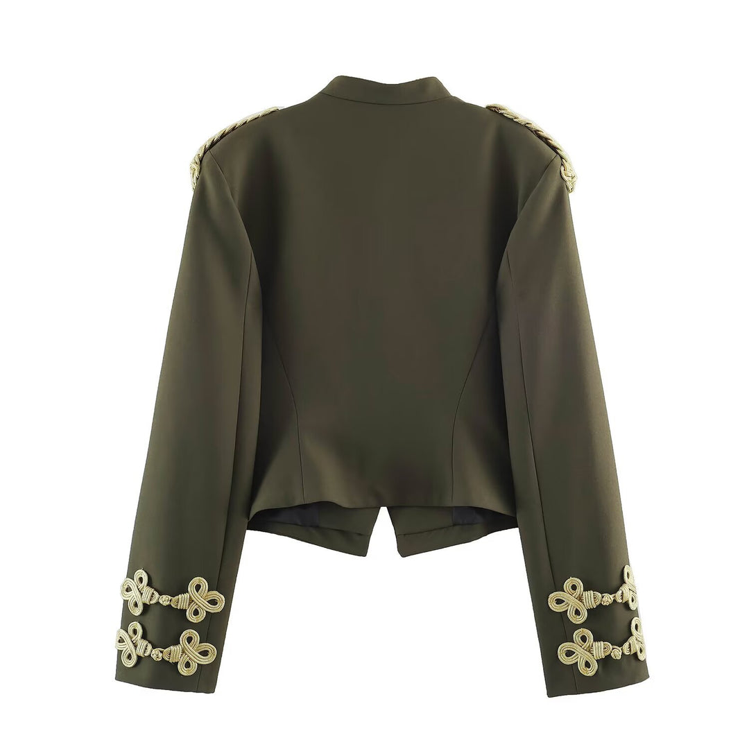 Damen Kurzer Militärblazer mit Stehkragen, goldverzierten Epauletten und dekorativen Knoten Drune