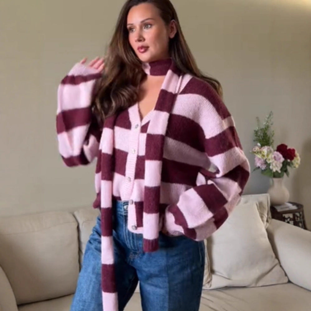 Damen Oversize Strickcardigan-Set mit Blockstreifen, Knopfleiste und passendem Schal Drune