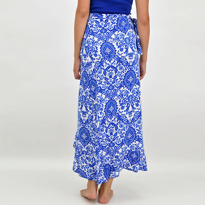 Damen Wickel-Midirock mit ornamentalem Print, Bindegürtel & Volantsaum Drune