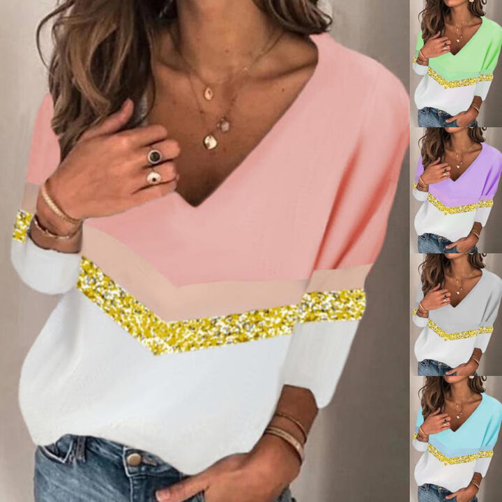 Damen Stylischer V-Ausschnitt Feinstrickpullover mit Glitzerband und Colorblock-Einsatz Drune