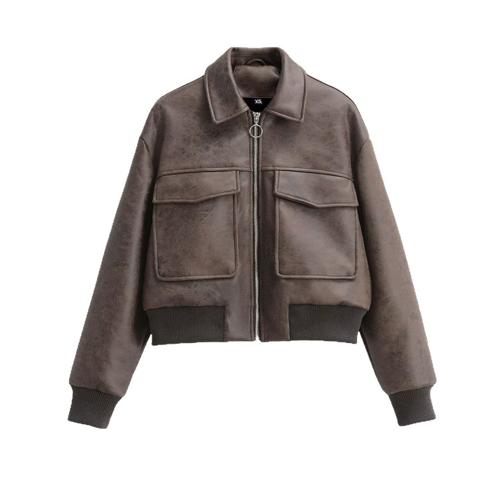 Damen Cropped Bomberjacke im Vintage-Lederlook mit großen Pattentaschen Drune