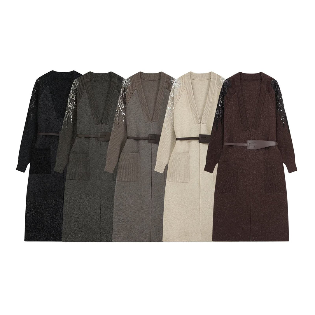 Damen Strick-Midikleid mit tiefem V-Ausschnitt, Taillengürtel und paillettenverzierten Ärmeln Drune