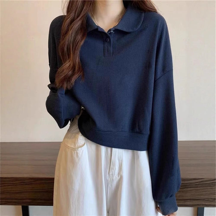 Damen lässiger Poloshirt-Pullover mit Knopfdetails Drune