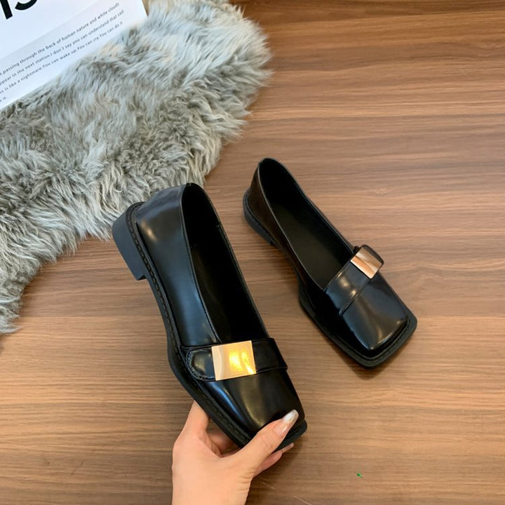Damen Elegante Loafer mit quadratischer Zehenkappe und goldener Zierplatte Drune