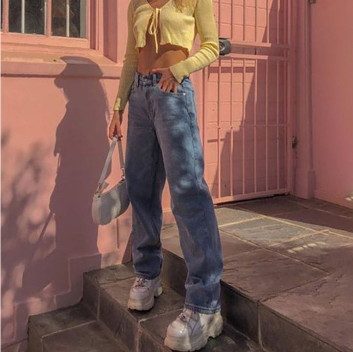 Damen weite High-Waist Jeans mit lässigem Schnitt und modischen Akzenten Drune