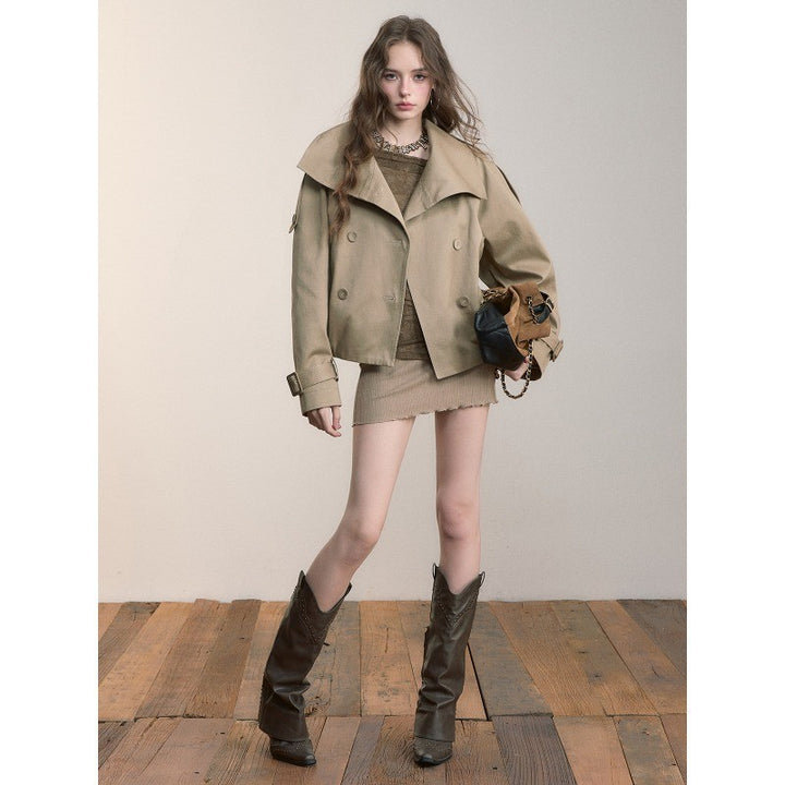 Damen Oversized Doppelreihige Trench-Bomberjacke mit hohem Stehkragen Drune