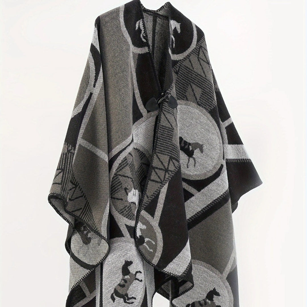 Damen Wollmix-Jacquard-Ruana mit Pferdemotiv, Knebelverschluss und offener Kimono-Silhouette Drune