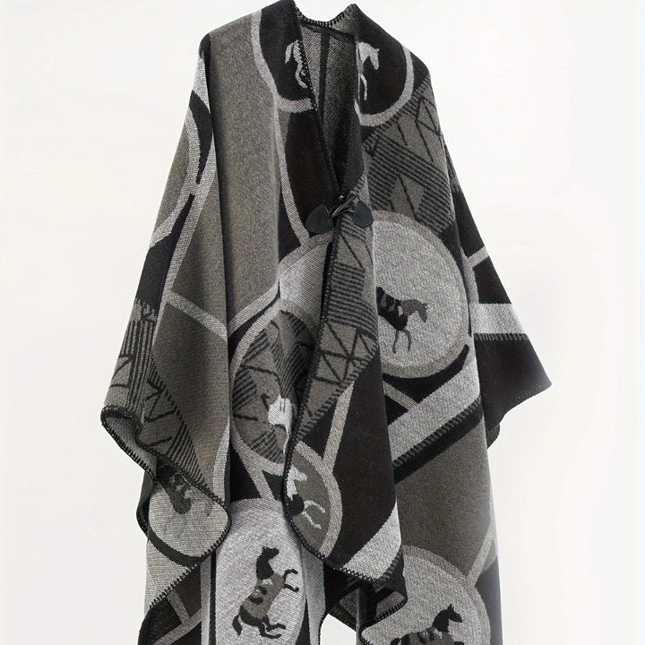 Damen Wollmix-Jacquard-Ruana mit Pferdemotiv, Knebelverschluss und offener Kimono-Silhouette Drune