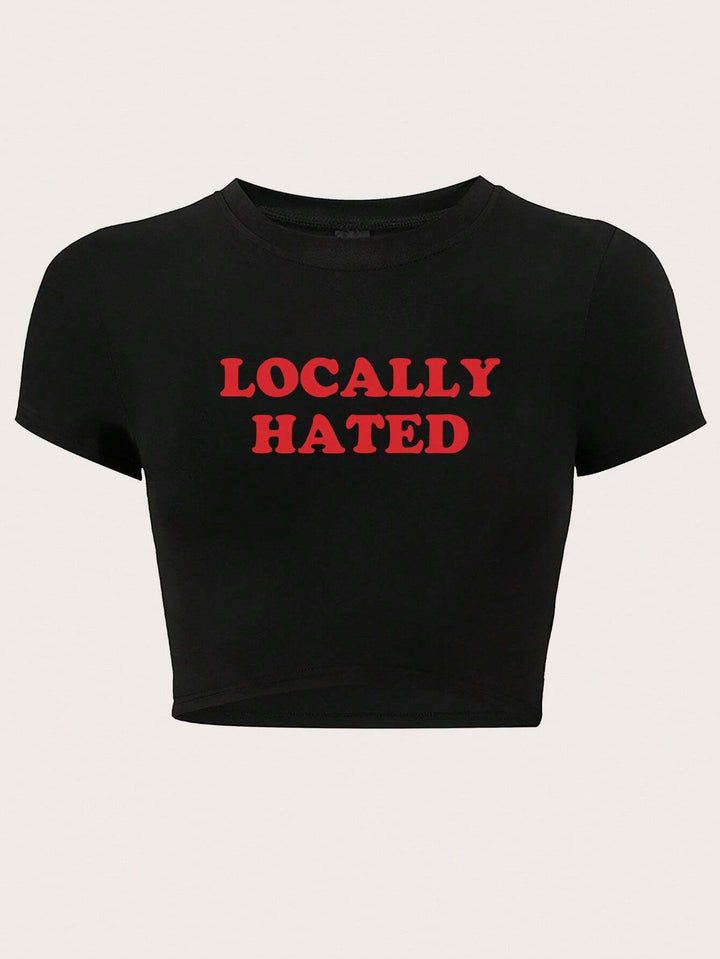 Damen Crop-T-Shirt mit auffälligem Schriftzug und figurbetontem Design Drune