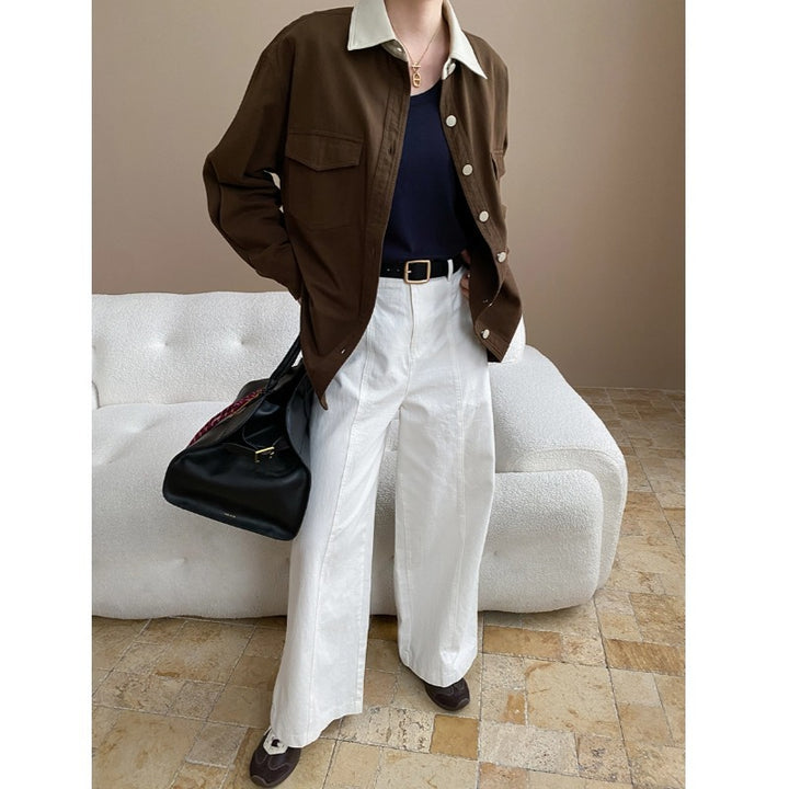 Damen lässige Utility-Hemdjacke mit kontrastierendem Kragen und praktischen Taschen Drune