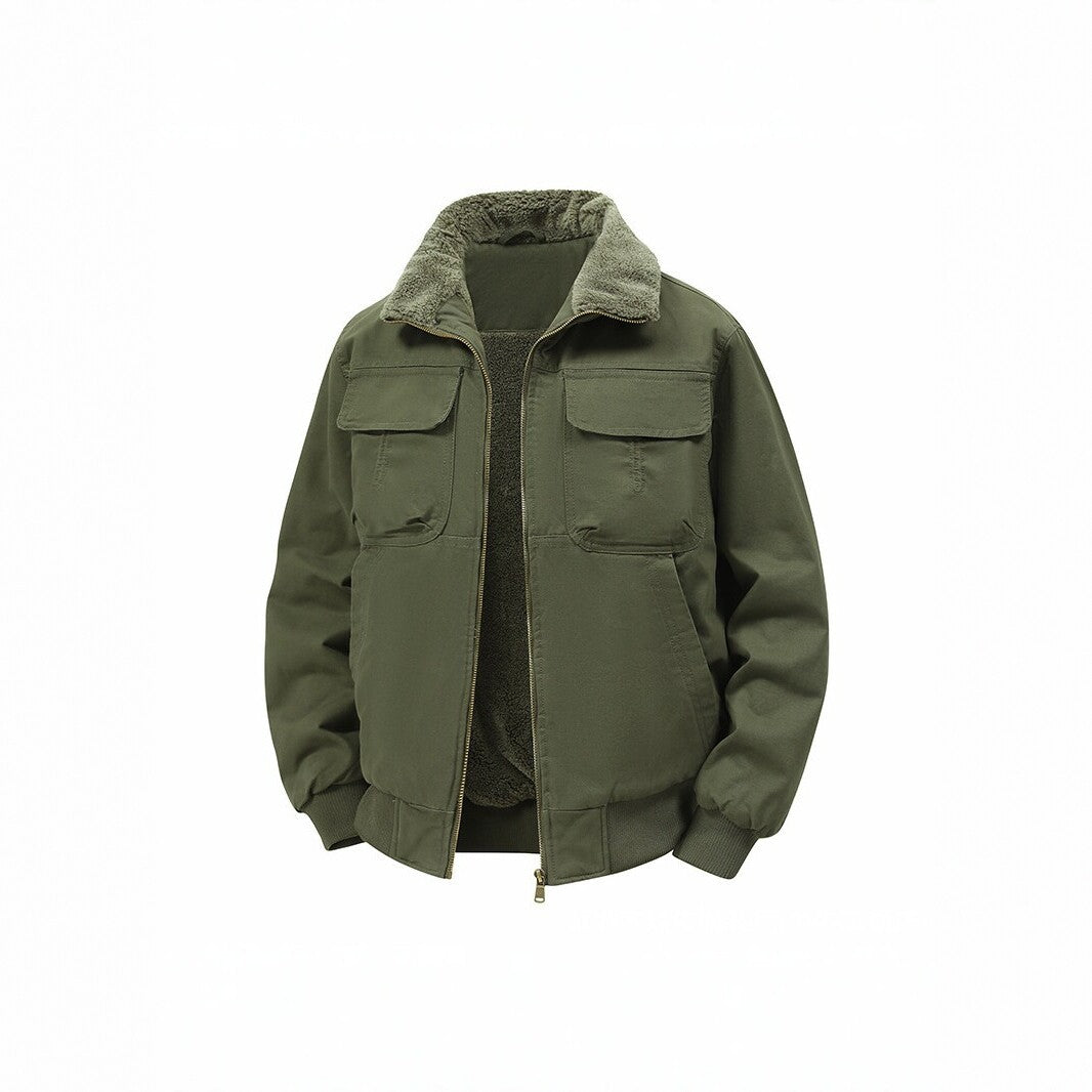 Herren Thermo‑Bomberjacke mit durchgehendem Reißverschluss, Sherpa‑Kragen und Utility‑Taschen Drune