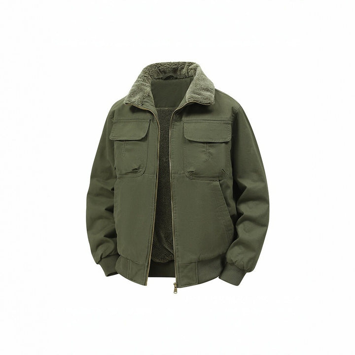 Herren Thermo‑Bomberjacke mit durchgehendem Reißverschluss, Sherpa‑Kragen und Utility‑Taschen Drune