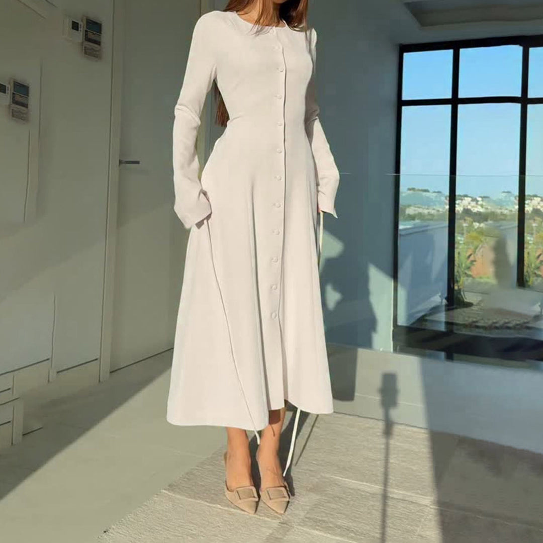 Damen Langärmeliges Midikleid im A Linien Schnitt mit durchgehender Knopfleiste Drune