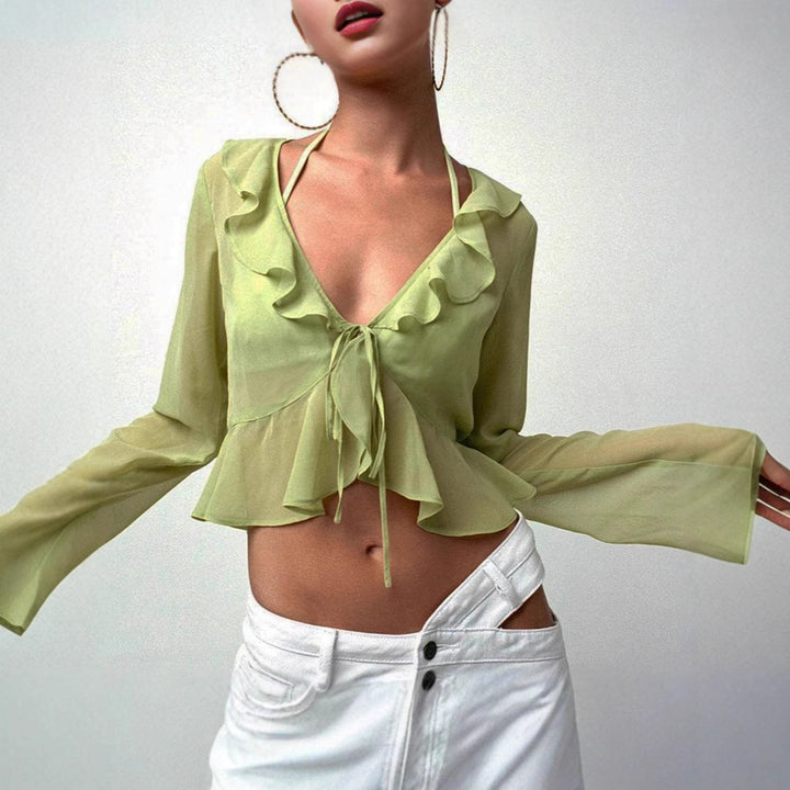 Damen Transparente Langarmbluse mit Rüschen und Bindegürtel Drune