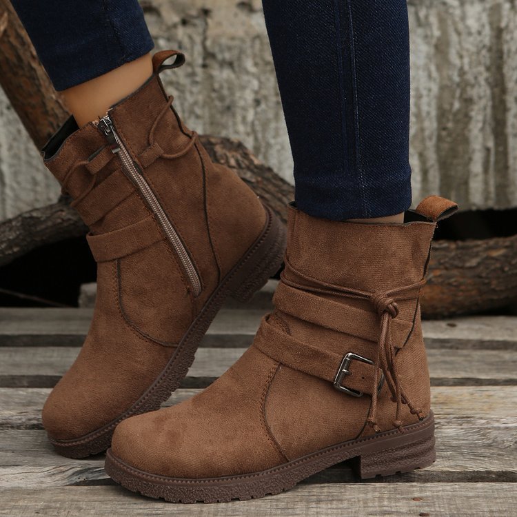 Damen nan knöchelhohe Velourslederoptik-Stiefelette mit Leopardenprint-Falte, seitlichem Reißverschluss und dekorativer Schnalle Drune