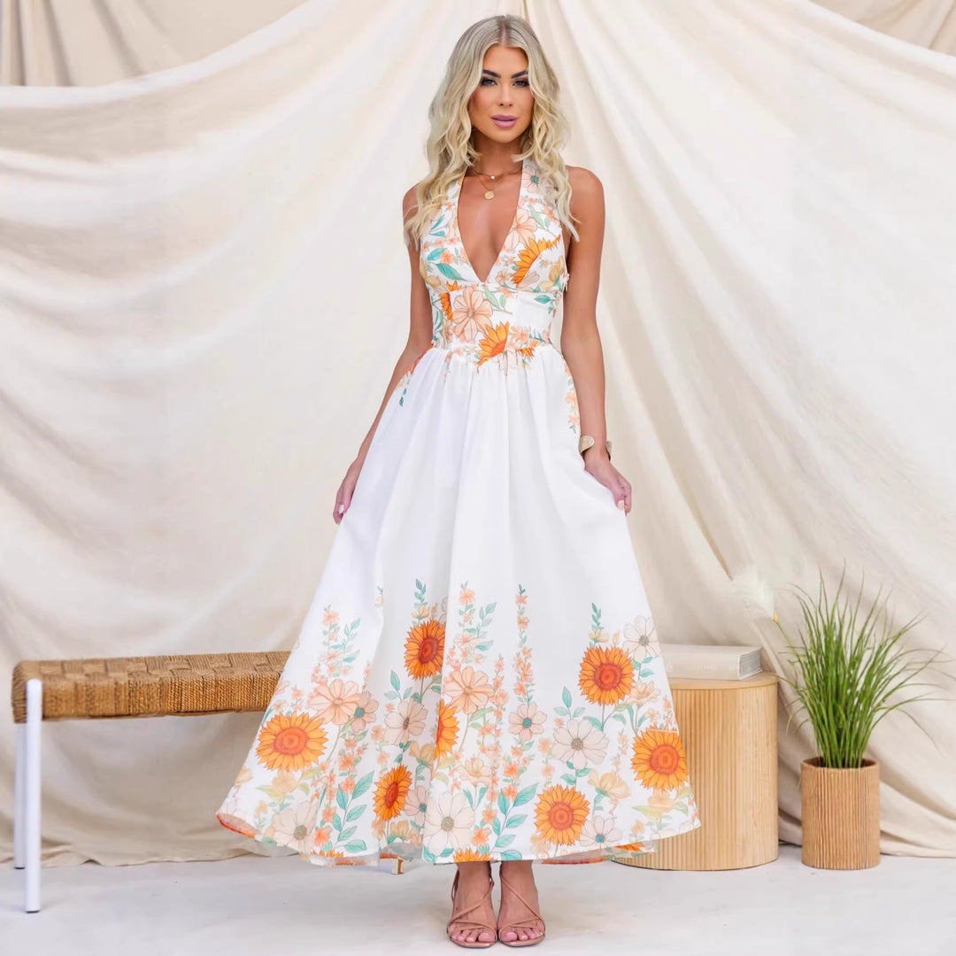 Damen Maxikleid mit tiefem V-Ausschnitt und floralem Print Drune