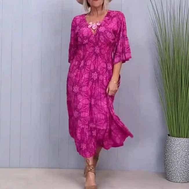 Damen nan fließendes Kaftan-Midikleid mit V-Ausschnitt, lockerer Silhouette, Stufenrock und dreiviertel-Ärmeln Drune