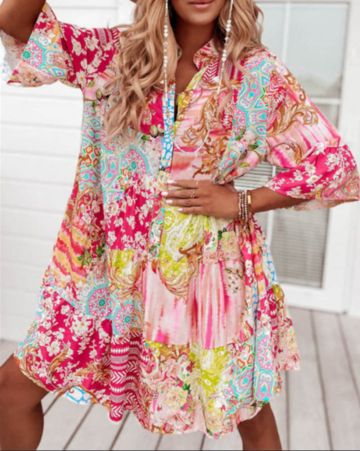 Damen nan Luftiges Stufenkleid im Patchwork-Boho-Stil mit Stehkragen, geraffter Taillennaht und Dreiviertelärmeln Drune
