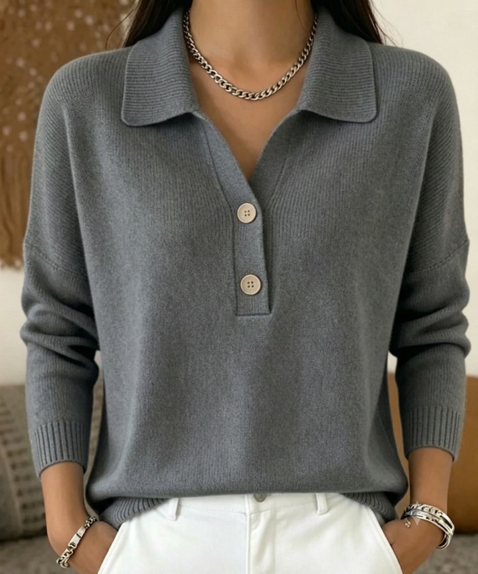 Damen Polokragen-Pullover mit halber Knopfleiste und geripptem Saum Drune