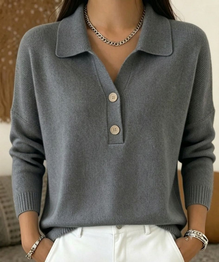 Damen Polokragen-Pullover mit halber Knopfleiste und geripptem Saum Drune
