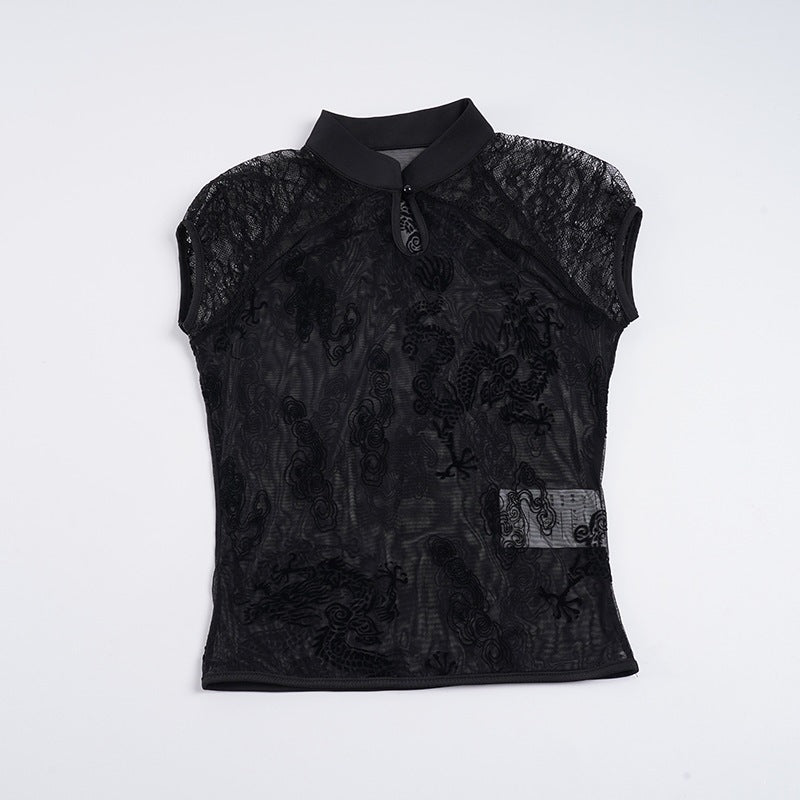 Damen extravagantes Spitzeoberteil mit grafischem Muster Drune