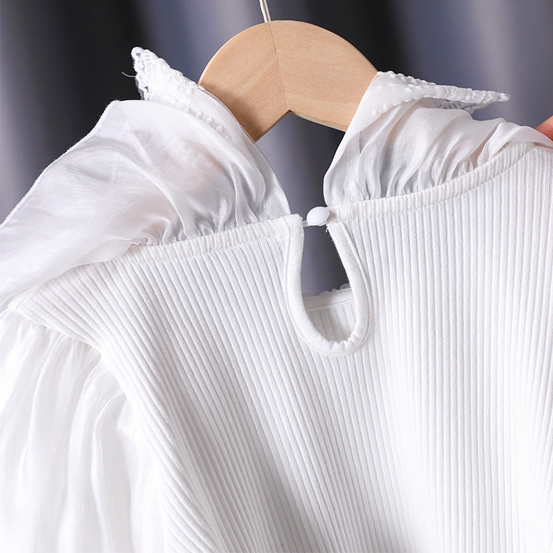 Damen elegante Bluse mit romantischem Spitzenkragen und Rüschendetails Drune