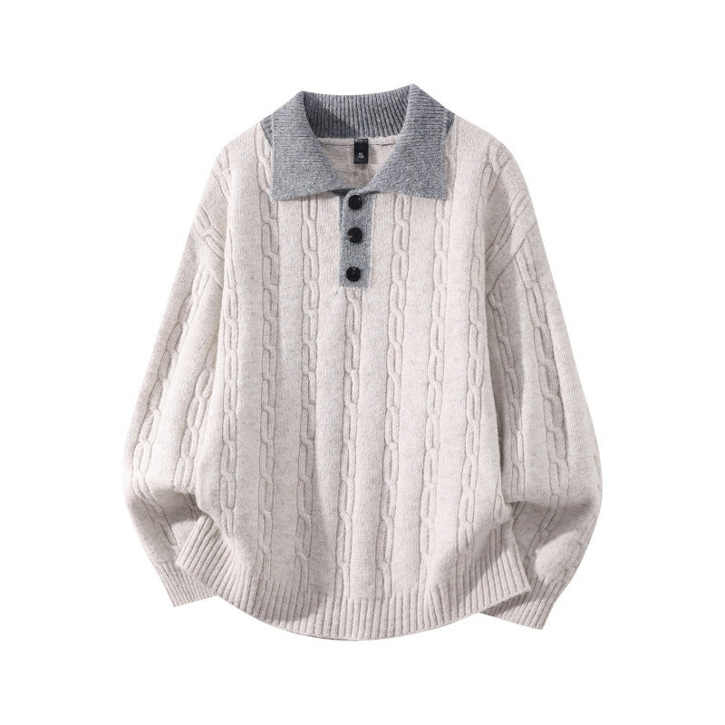 Herren Oversize Zopfmuster-Polo-Strickpullover mit Kontrastkragen und Dreiknopfleiste Drune