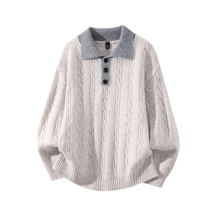 Herren Oversize Zopfmuster-Polo-Strickpullover mit Kontrastkragen und Dreiknopfleiste Drune