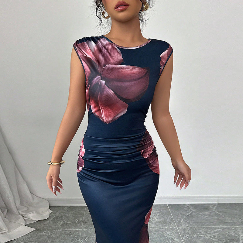 Damen elegantes Maxi-Kleid mit floralem Drapierungsdesign und figurbetonendem Schnitt Drune