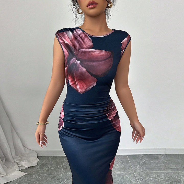 Damen elegantes Maxi-Kleid mit floralem Drapierungsdesign und figurbetonendem Schnitt Drune