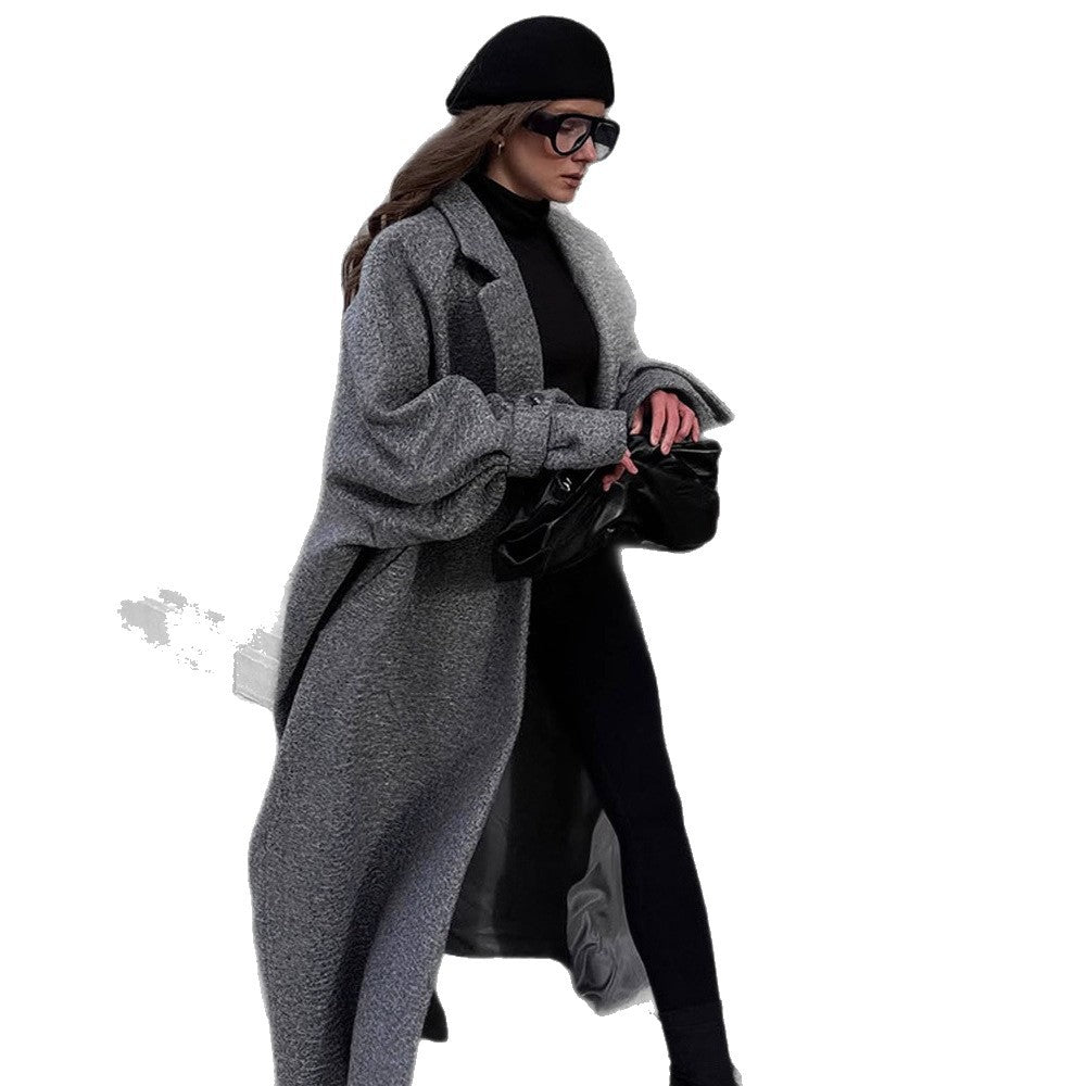 Damen Oversized Wollmantel mit gestreiftem Design und Gürtel Drune
