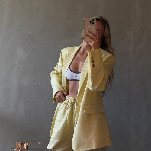 Damen Leichtes Leinen-Set mit weit geschnittenem Sakko und taillenhohen Shorts Drune