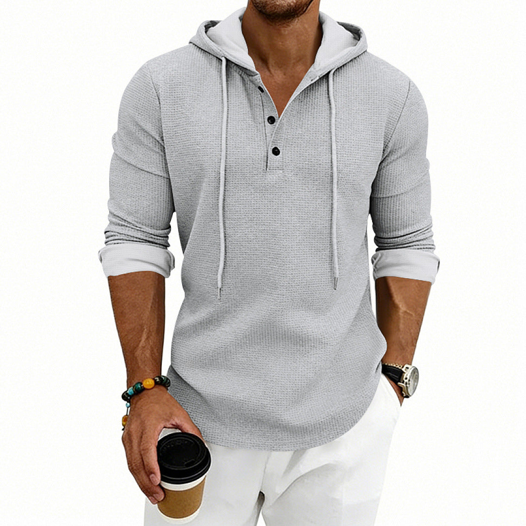 Herren Waffelstrick-Henley-Hoodie mit Knopfleiste und Kapuze Drune