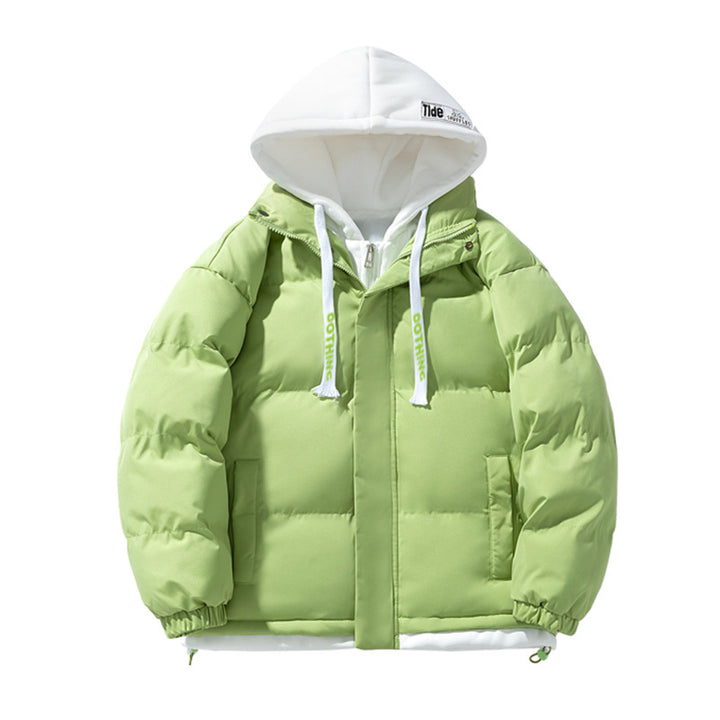 Unisex kurz geschnittene gesteppte Pufferjacke mit zweilagiger Kontrastkapuze Drune