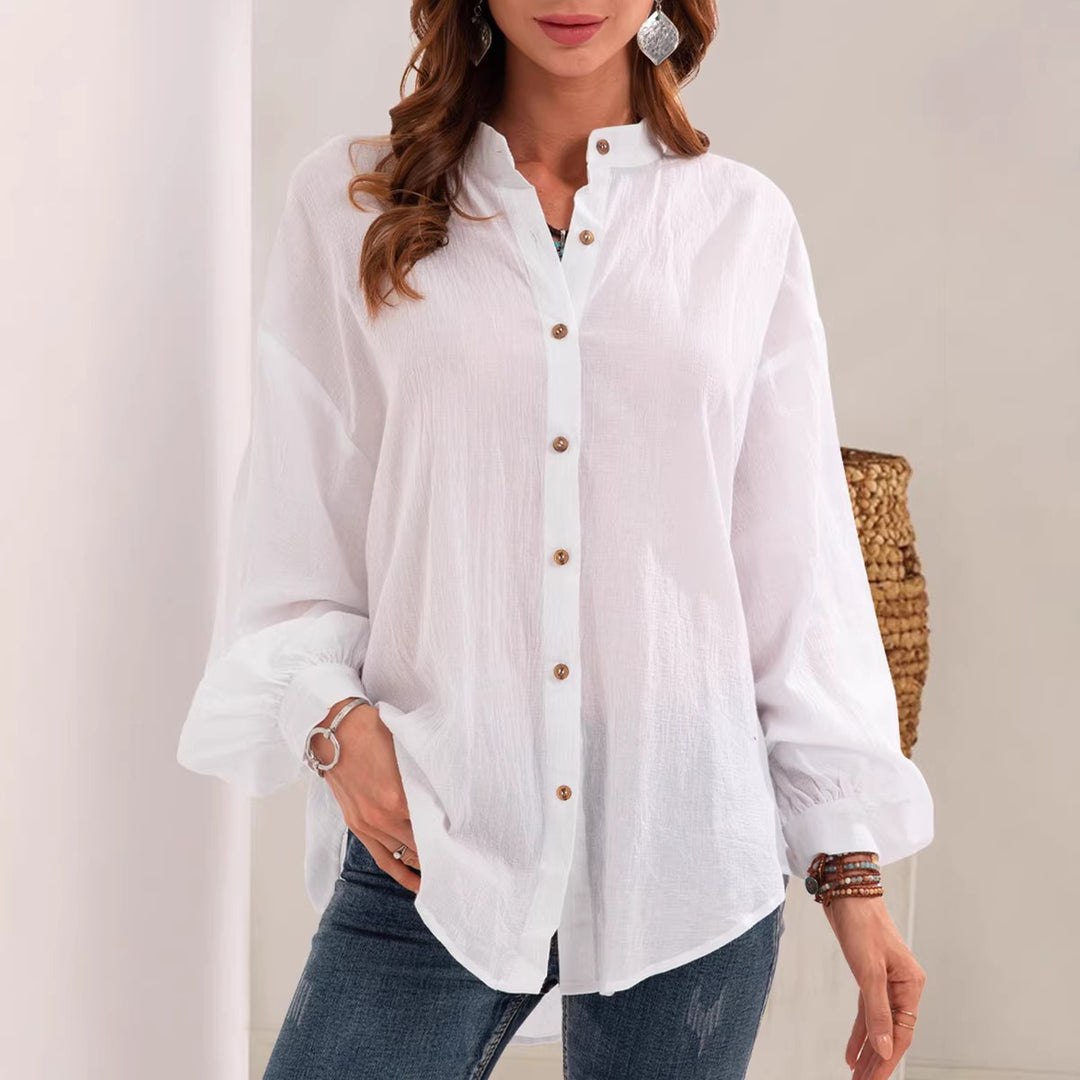 Damen Lose Crinkle Bluse Top mit Stehkragen und Ballonärmeln Drune